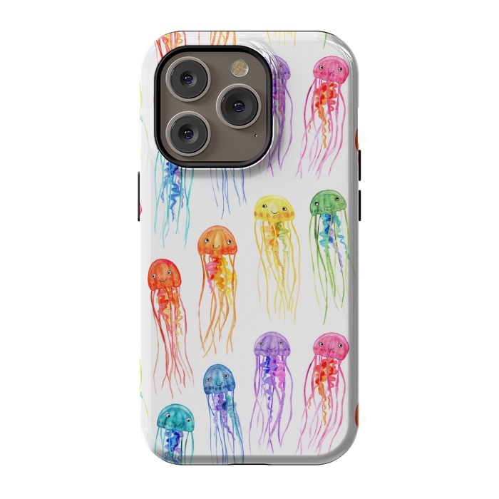 iPhone 14 Pro StrongFit Cute Little Rainbow Jellyfish on White by Micklyn Le Feuvre