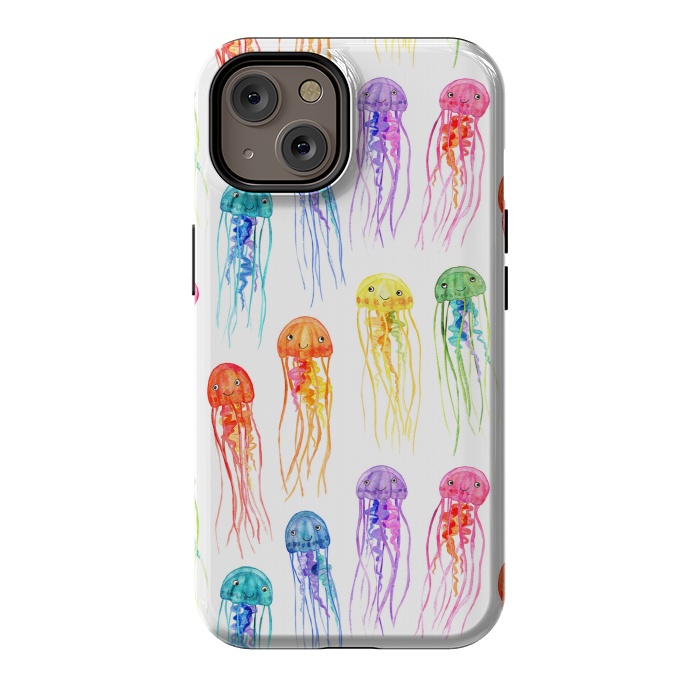 iPhone 14 StrongFit Cute Little Rainbow Jellyfish on White by Micklyn Le Feuvre