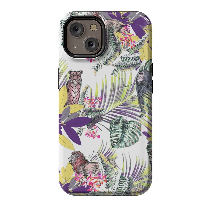 iPhone 14 StrongFit Colorful jungle leaves and wild animals pattern by Oana 