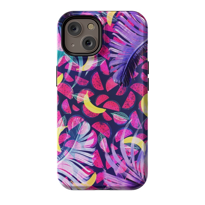 iPhone 14 StrongFit Colorful tropical banana leaves and pineapples by Oana 
