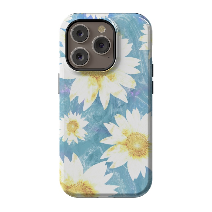 iPhone 14 Pro StrongFit White sunflowers on baby blue marble by Oana 