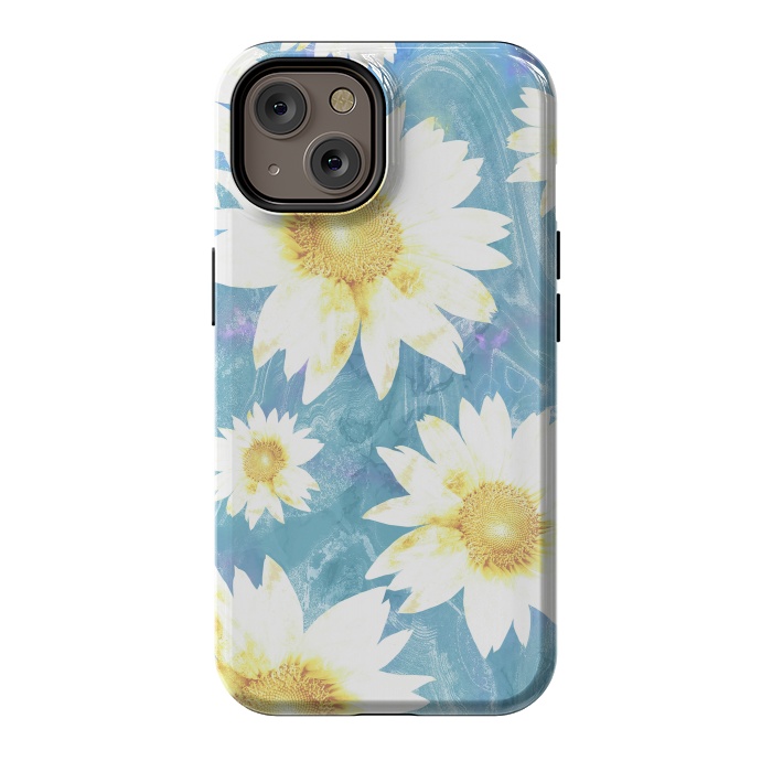 iPhone 14 StrongFit White sunflowers on baby blue marble by Oana 