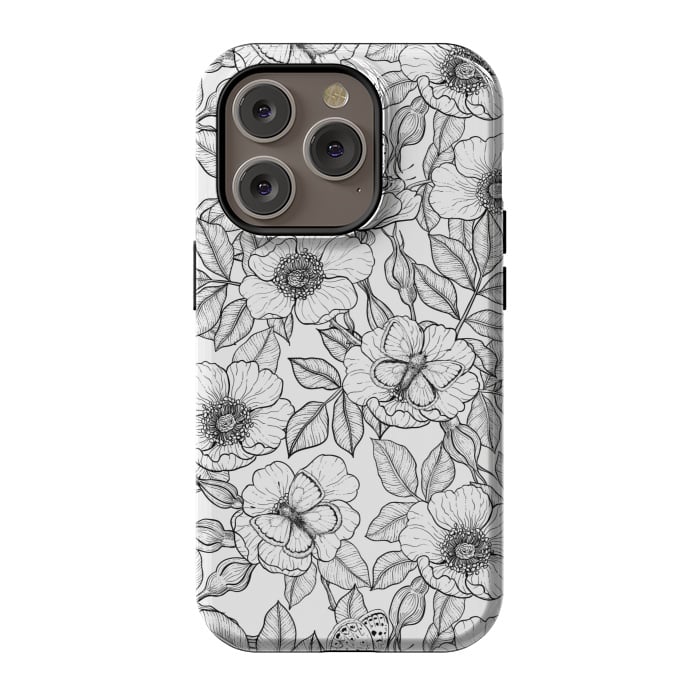 iPhone 14 Pro StrongFit Dog rose and butterflies b&w by Katerina Kirilova
