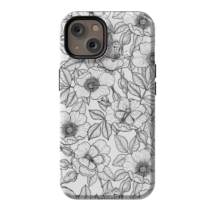 iPhone 14 StrongFit Dog rose and butterflies b&w by Katerina Kirilova