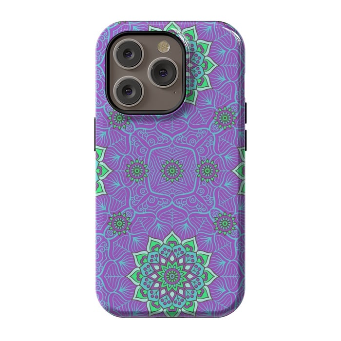 iPhone 14 Pro StrongFit Mandalas en verde neón y purpura by ArtsCase