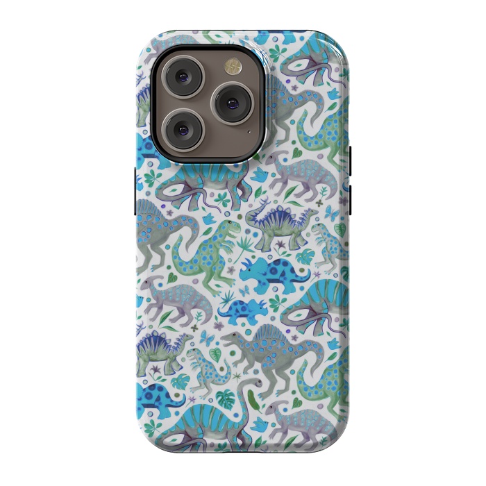 iPhone 14 Pro StrongFit Happy Dinos in blue and green by Micklyn Le Feuvre