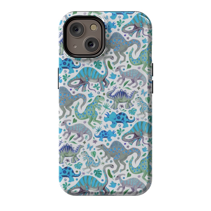 iPhone 14 StrongFit Happy Dinos in blue and green by Micklyn Le Feuvre