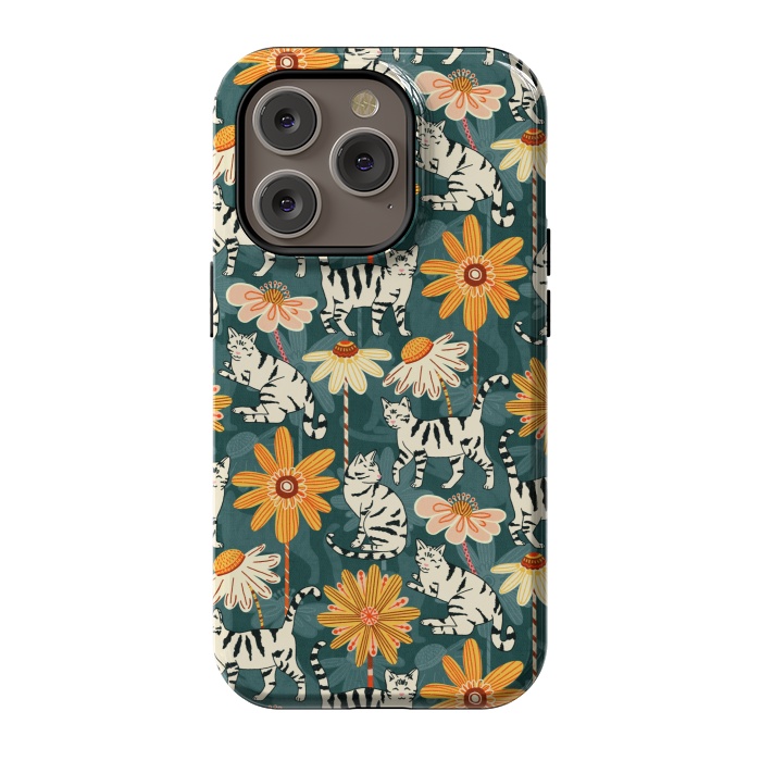iPhone 14 Pro StrongFit Daisy Cats - Teal by Tigatiga