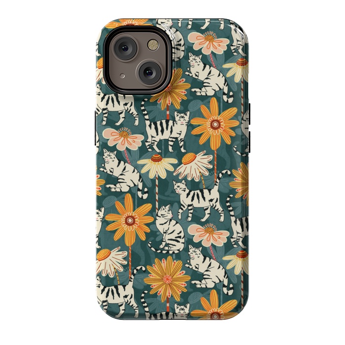 iPhone 14 StrongFit Daisy Cats - Teal by Tigatiga