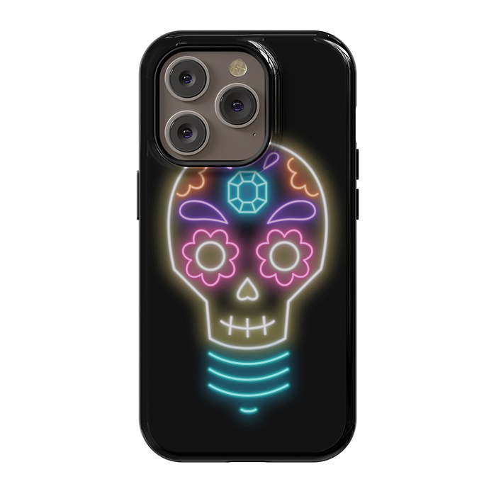 iPhone 14 Pro StrongFit Neon sugar skull lightbulb by Laura Nagel
