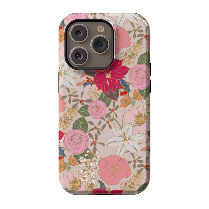 iPhone 14 Pro StrongFit Elegant Golden Strokes Colorful Winter Floral by InovArts