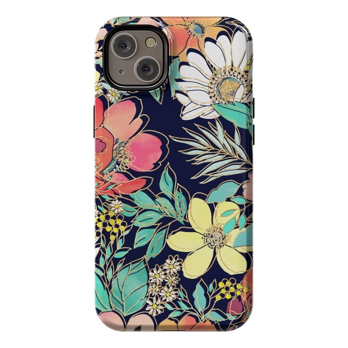 iPhone 14 Plus StrongFit Cute girly pink floral golden strokes design by InovArts