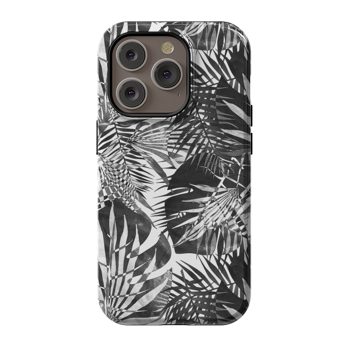 iPhone 14 Pro StrongFit Black and white tropical leaves illusion by Oana 