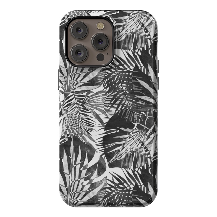 iPhone 14 Pro max StrongFit Black and white tropical leaves illusion by Oana 