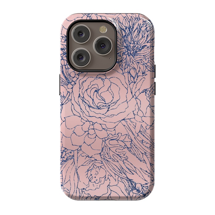 iPhone 14 Pro StrongFit Stylish Metallic Navy Blue and Pink Floral Design by InovArts