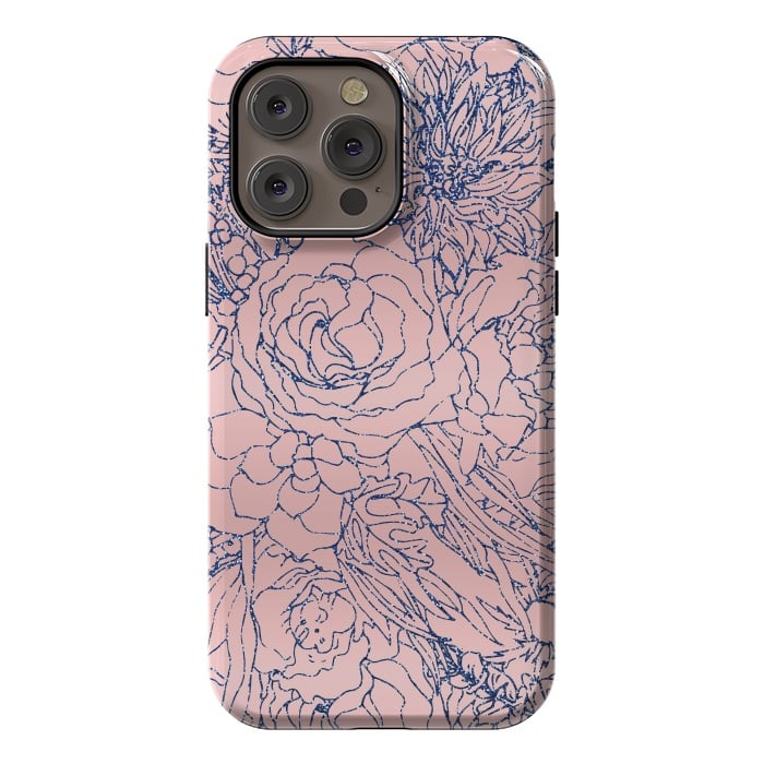 iPhone 14 Pro max StrongFit Stylish Metallic Navy Blue and Pink Floral Design by InovArts