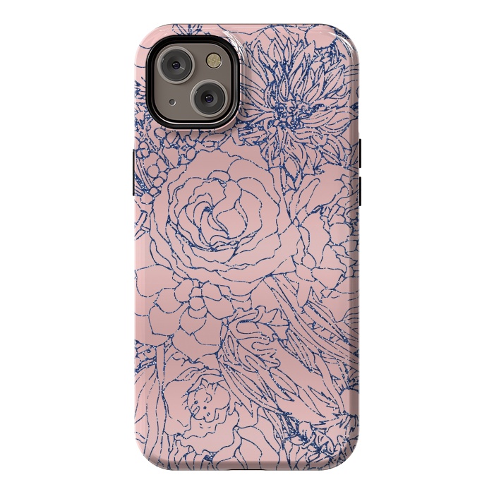 iPhone 14 Plus StrongFit Stylish Metallic Navy Blue and Pink Floral Design by InovArts