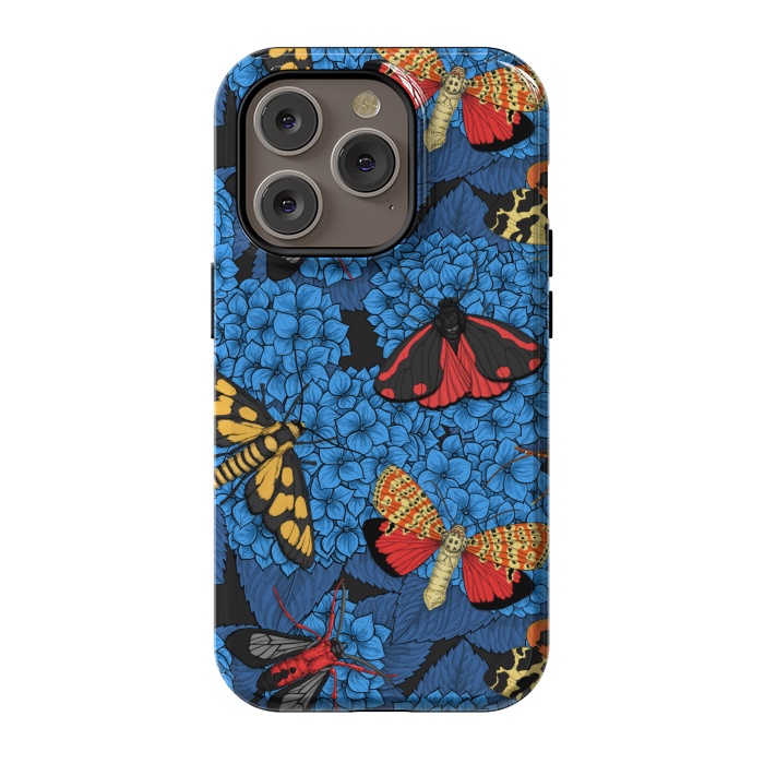 iPhone 14 Pro StrongFit Moths on blue hydrangea by Katerina Kirilova