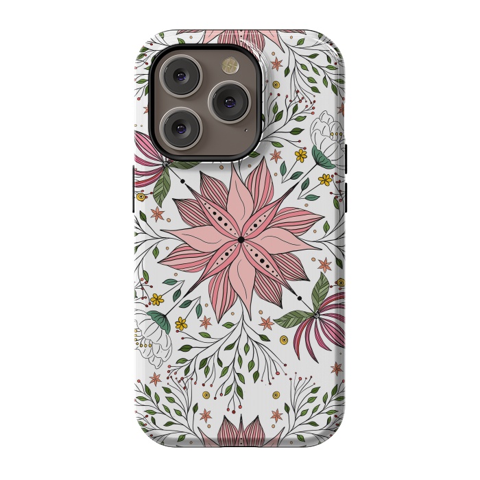 iPhone 14 Pro StrongFit Cute Vintage Pink Floral Doodles Tile Art by InovArts