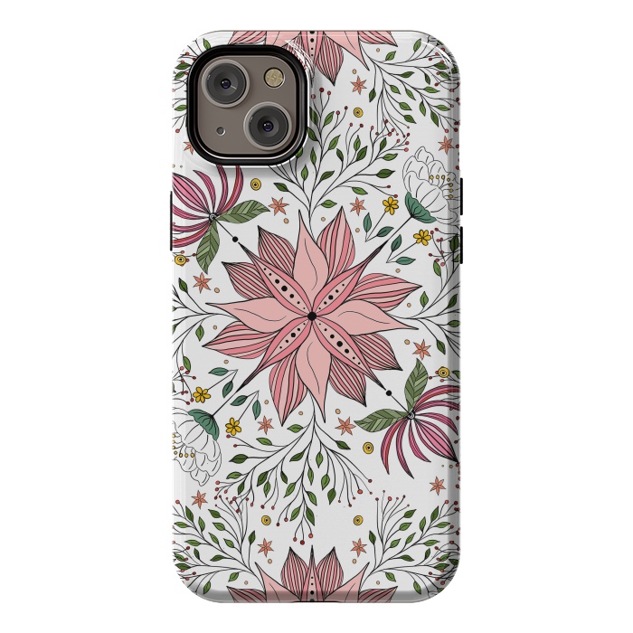 iPhone 14 Plus StrongFit Cute Vintage Pink Floral Doodles Tile Art by InovArts