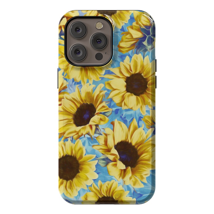 iPhone 14 Pro max StrongFit Dreamy Sunflowers on Blue by Micklyn Le Feuvre