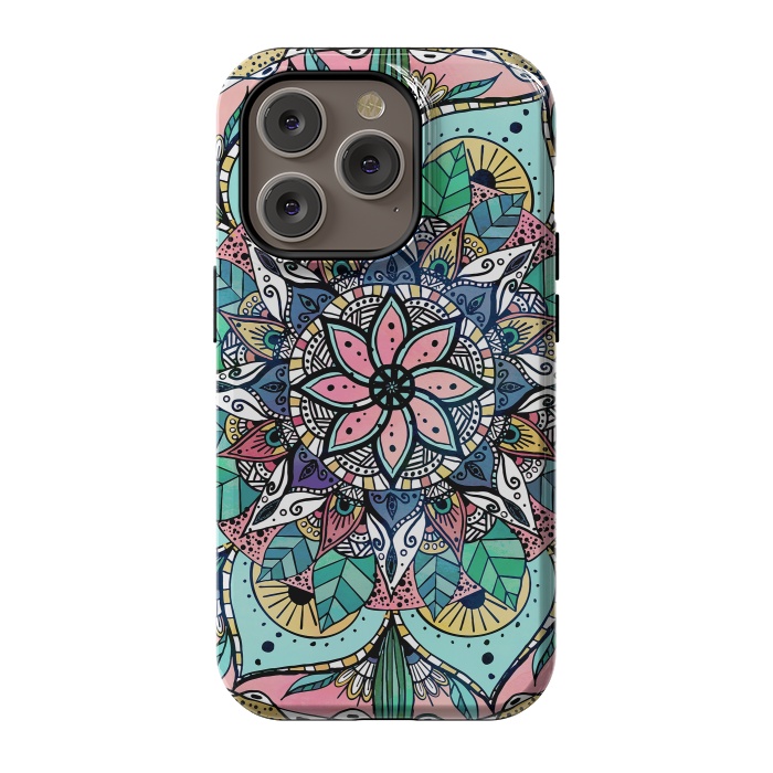 iPhone 14 Pro StrongFit Bohemian Colorful Watercolor Floral Mandala by InovArts