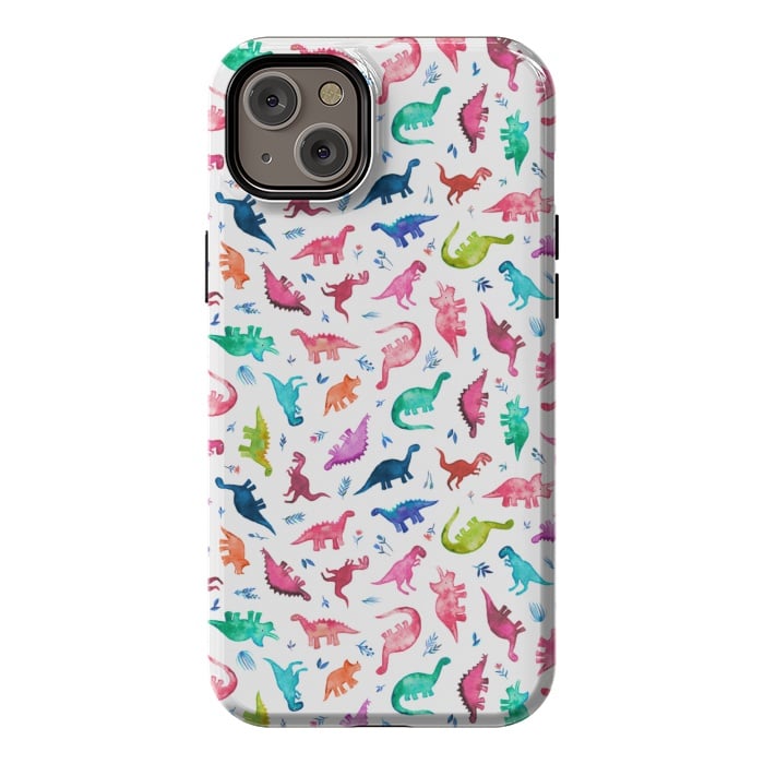 iPhone 14 Plus StrongFit Tiny Ditsy Watercolor Dinosaurs in Rainbow Colors by Micklyn Le Feuvre