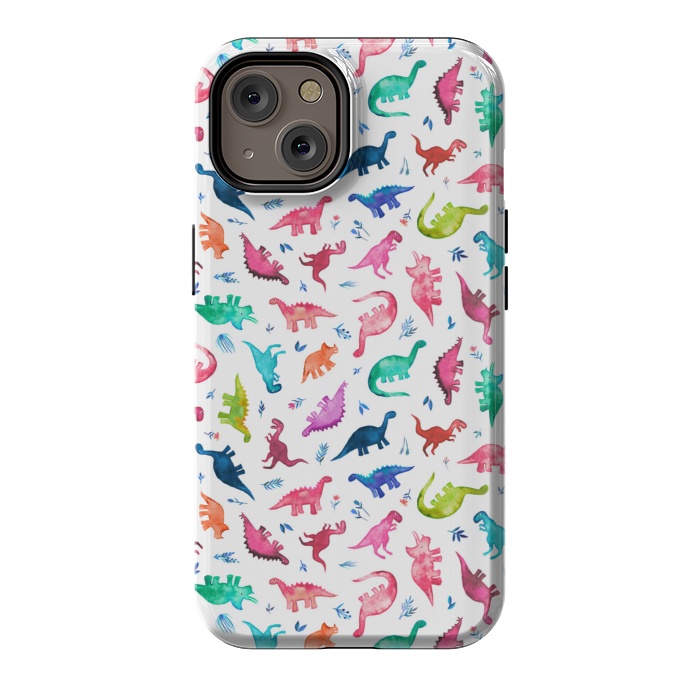 iPhone 14 StrongFit Tiny Ditsy Watercolor Dinosaurs in Rainbow Colors by Micklyn Le Feuvre