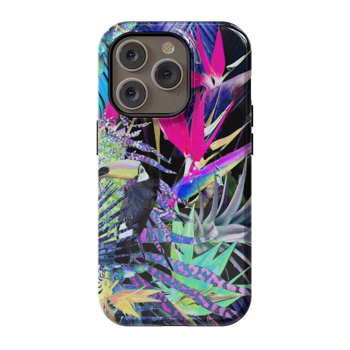 iPhone 14 Pro StrongFit Colorful neon toucan and strelitzia jungle pattern by Oana 