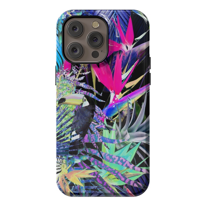 iPhone 14 Pro max StrongFit Colorful neon toucan and strelitzia jungle pattern by Oana 