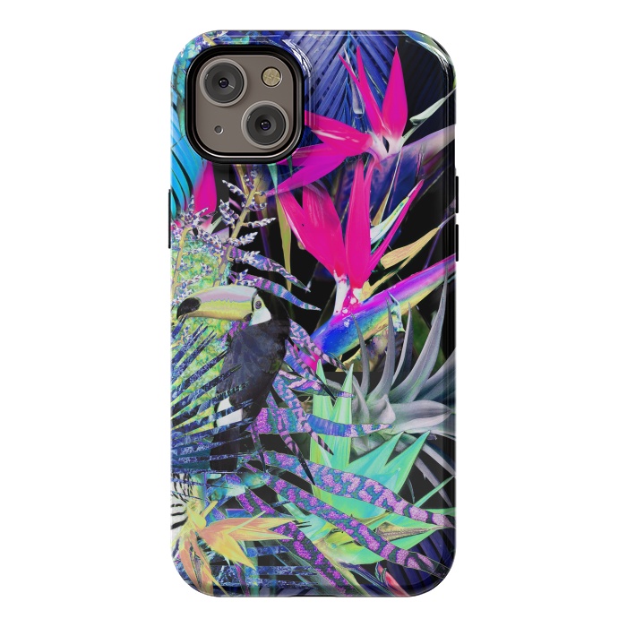 iPhone 14 Plus StrongFit Colorful neon toucan and strelitzia jungle pattern by Oana 