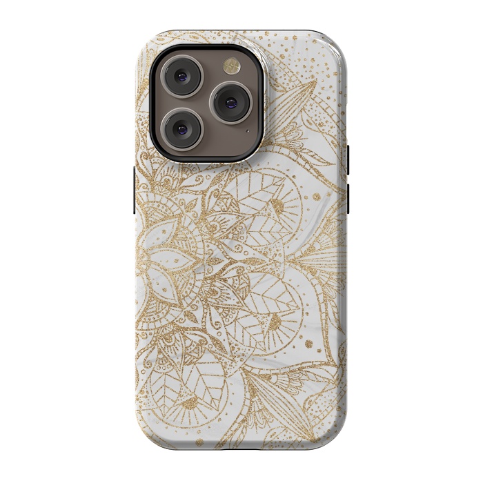 iPhone 14 Pro StrongFit Trendy Gold Floral Mandala Marble Design by InovArts
