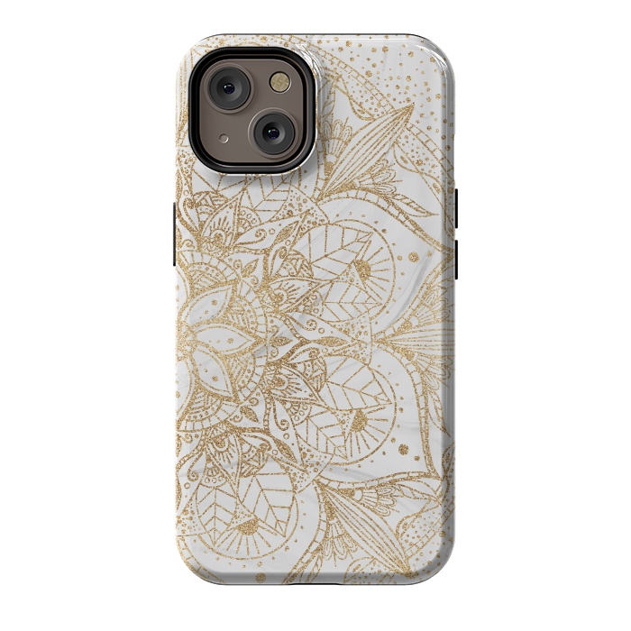 iPhone 14 StrongFit Trendy Gold Floral Mandala Marble Design by InovArts