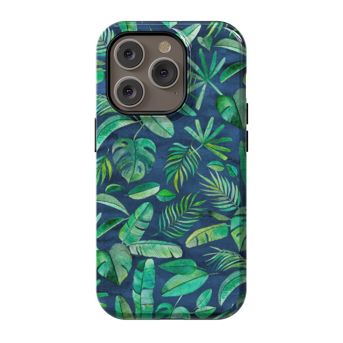 iPhone 14 Pro StrongFit Emerald Tropical Leaf Scatter on textured Navy Blue by Micklyn Le Feuvre