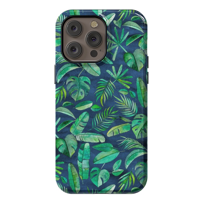iPhone 14 Pro max StrongFit Emerald Tropical Leaf Scatter on textured Navy Blue by Micklyn Le Feuvre