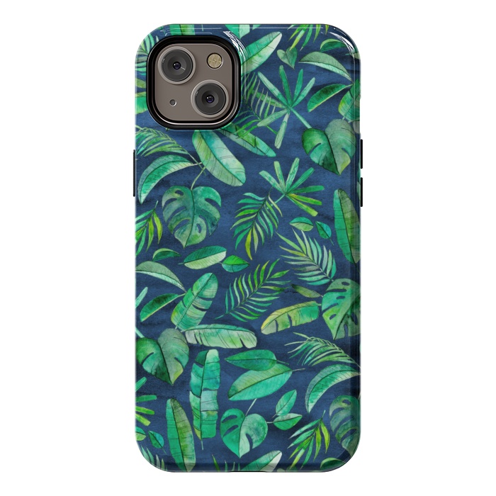 iPhone 14 Plus StrongFit Emerald Tropical Leaf Scatter on textured Navy Blue by Micklyn Le Feuvre