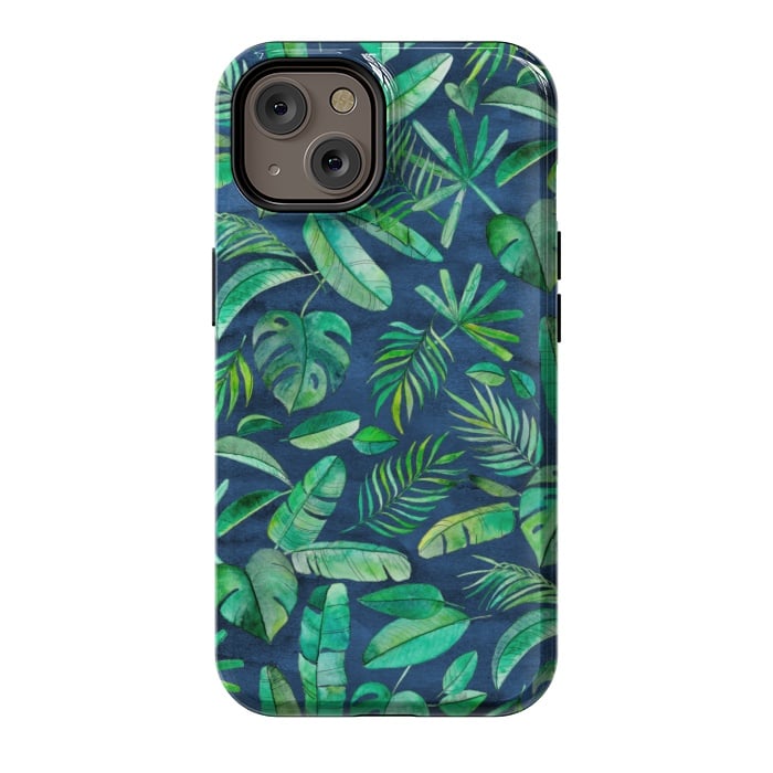 iPhone 14 StrongFit Emerald Tropical Leaf Scatter on textured Navy Blue by Micklyn Le Feuvre