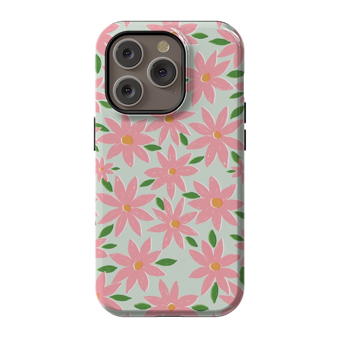 iPhone 14 Pro StrongFit Pretty Hand Paint Pink Daisy Flowers Mint Design by InovArts