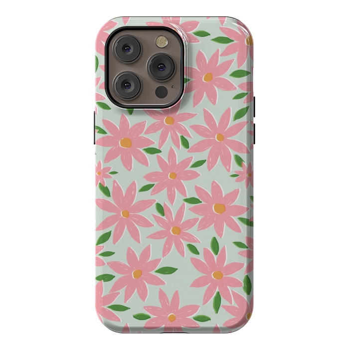 iPhone 14 Pro max StrongFit Pretty Hand Paint Pink Daisy Flowers Mint Design by InovArts