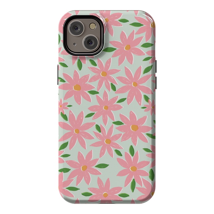iPhone 14 Plus StrongFit Pretty Hand Paint Pink Daisy Flowers Mint Design by InovArts