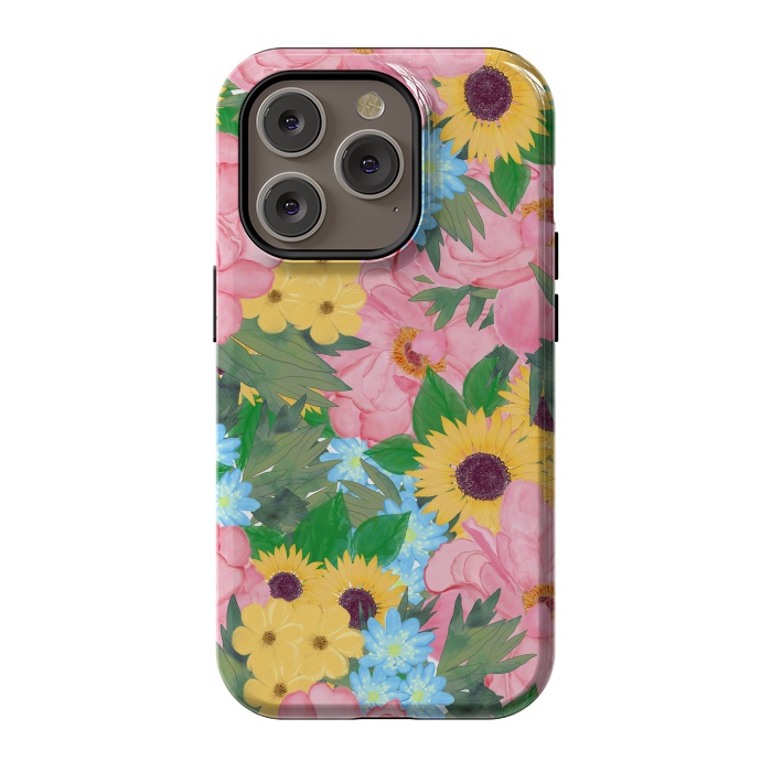 iPhone 14 Pro StrongFit Trendy Pink Peonies Yellow Sunflowers Watercolor paint by InovArts