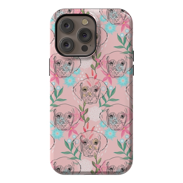 iPhone 14 Pro max StrongFit Cute Puppy Dog and Flowers Pink Creative Art by InovArts