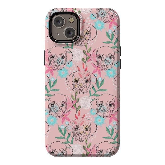 iPhone 14 Plus StrongFit Cute Puppy Dog and Flowers Pink Creative Art by InovArts