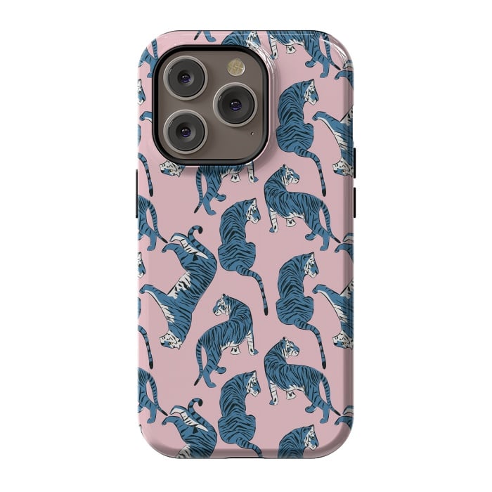 iPhone 14 Pro StrongFit Tiger Pattern, blue&pink, 003 by Jelena Obradovic
