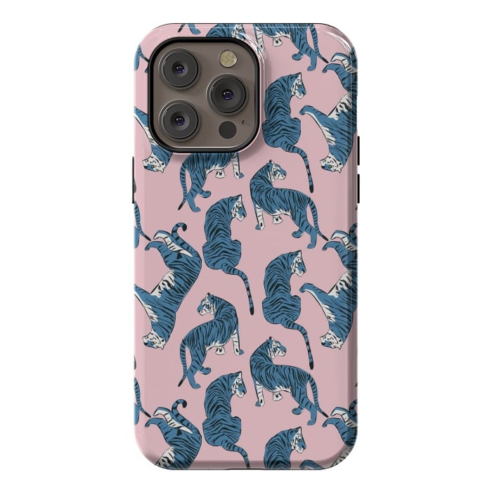 iPhone 14 Pro max StrongFit Tiger Pattern, blue&pink, 003 by Jelena Obradovic