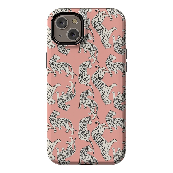 iPhone 14 Plus StrongFit Tiger pattern, white on pink, 006 by Jelena Obradovic