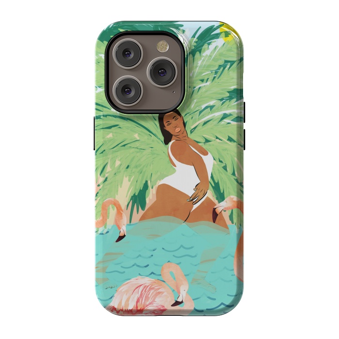 iPhone 14 Pro StrongFit Tropical Summer Water Yoga with Palm & Flamingos | Woman of Color Black Woman Body Positivity by Uma Prabhakar Gokhale