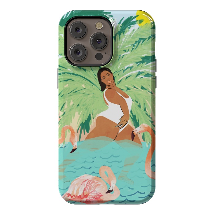iPhone 14 Pro max StrongFit Tropical Summer Water Yoga with Palm & Flamingos | Woman of Color Black Woman Body Positivity by Uma Prabhakar Gokhale