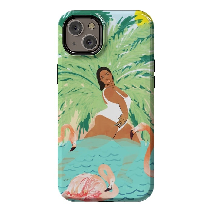 iPhone 14 Plus StrongFit Tropical Summer Water Yoga with Palm & Flamingos | Woman of Color Black Woman Body Positivity by Uma Prabhakar Gokhale