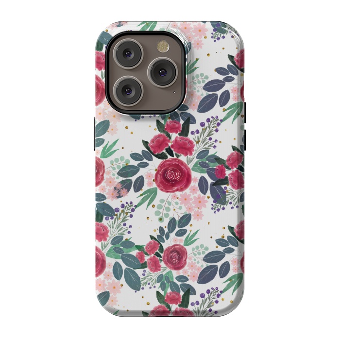 iPhone 14 Pro StrongFit Cute Rose Pink Peonies Watercolor Paint Gold Dots Design by InovArts